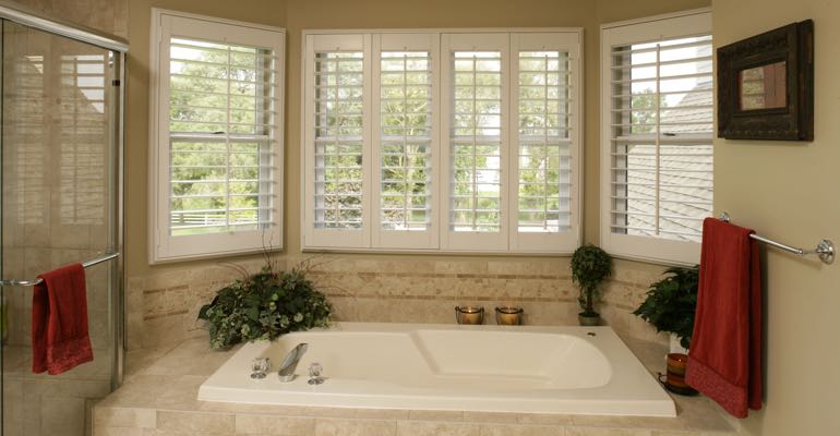 Plantation shutters in Philadelphia bathroom.